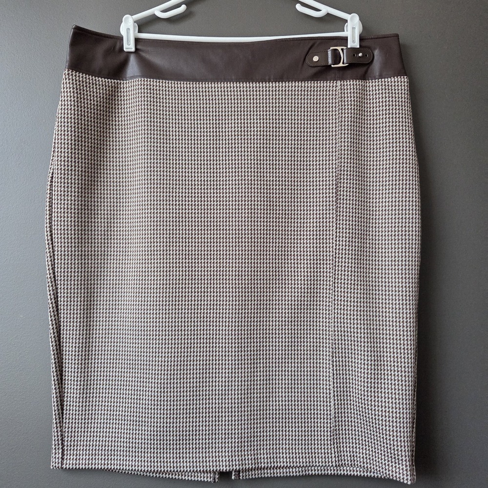 Lauren Ralph Lauren Houndstooth Knit Midi Pencil Skirt 20W Faux Leather Trim EUC